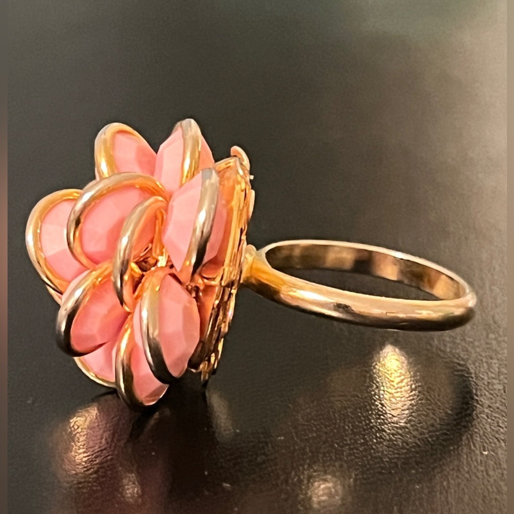 Vintage Gold Tone Pink Floral Cluster Statement Cocktail Ring